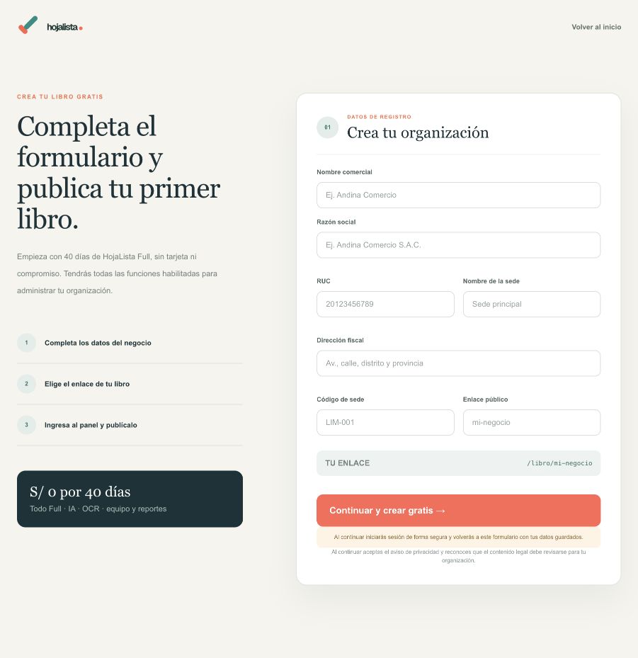 Formulario de HojaLista para registrar una organización y crear el primer libro